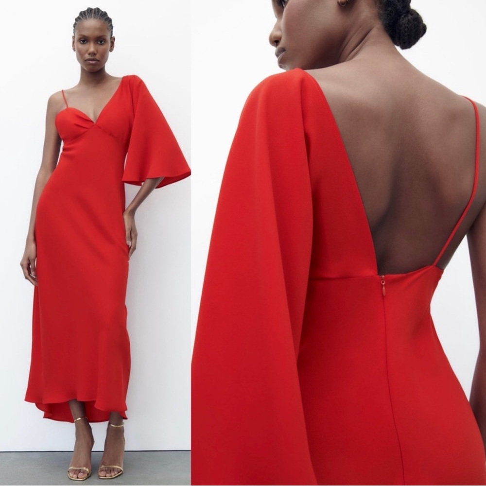 Zara Asymmetric Red V-Neck Midi Dress (Size S)